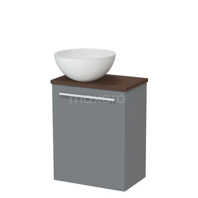 Grijze badkamerkast met houten blad en witte ronde waskom; stijlvol ontwerp voor moderne badkamers.