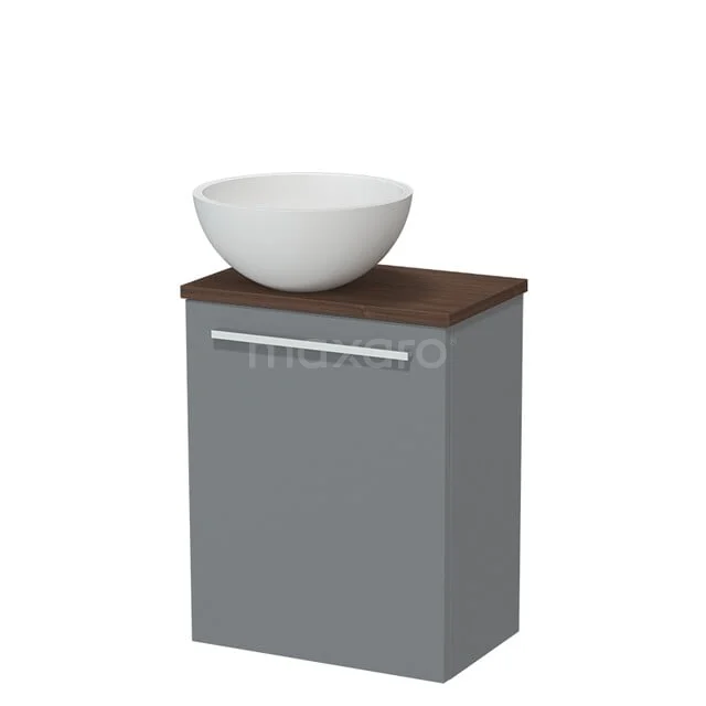 Graue Badmöbel mit Holzplatte und weißem Aufsatzwaschbecken, modernes Design und sauber verarbeitet.