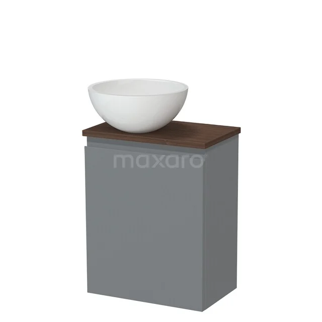 Grijze badkamerkast met houtlook blad en witte waskom, modern design, ideaal voor strakke en stijlvolle badkamerinrichting.