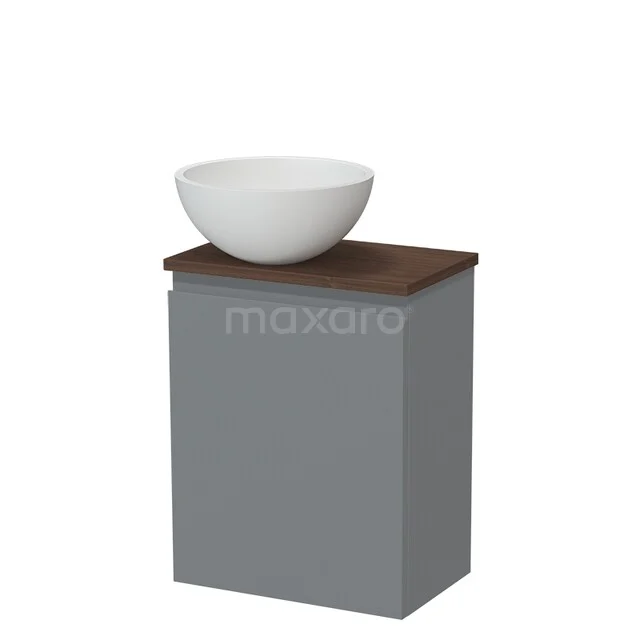 Grauer Badschrank mit Holzplatte und weißem keramischen Aufsatzwaschbecken, kompaktes Design für modernes Badezimmer.