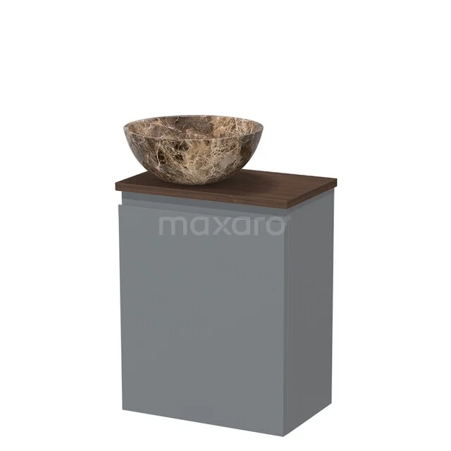Toilet furniture with countertop wash basins TMK10-17378 Grijze badkamerkast met houten blad en natuurstenen waskom, ideaal voor een moderne badkamerinrichting.