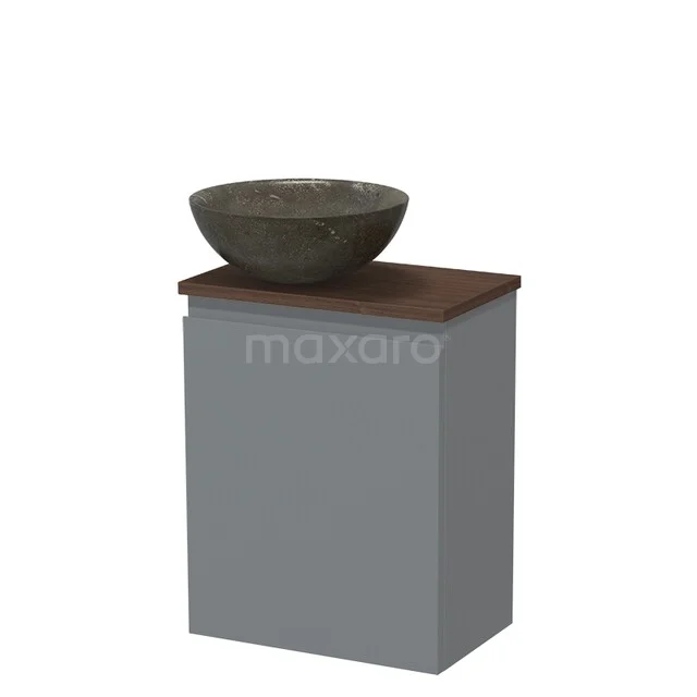 Toilet furniture with countertop wash basins TMK10-17379 Grijze badkamerkast met houten bovenblad en ronde stenen waskom, ideaal voor een moderne badkamer inrichting.