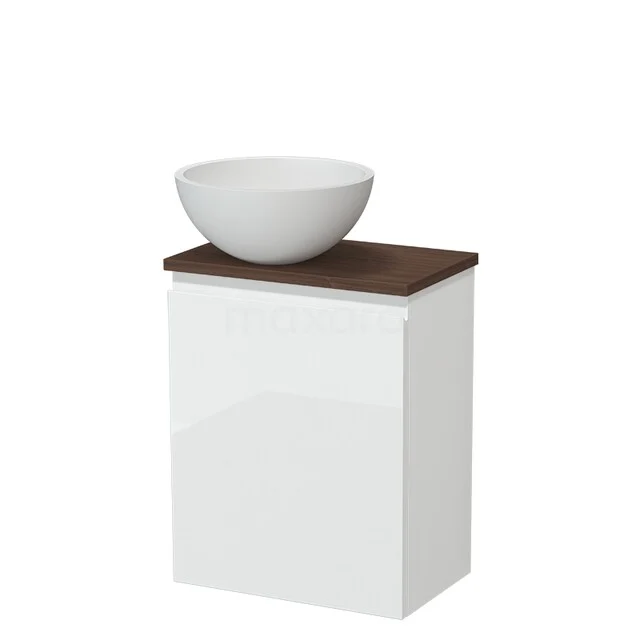 Toilet furniture with countertop wash basins TMK10-17400 Wit badkamermeubel met glanzend front, houten blad en ronde witte waskom; modern design, ideaal voor compacte badkamers.