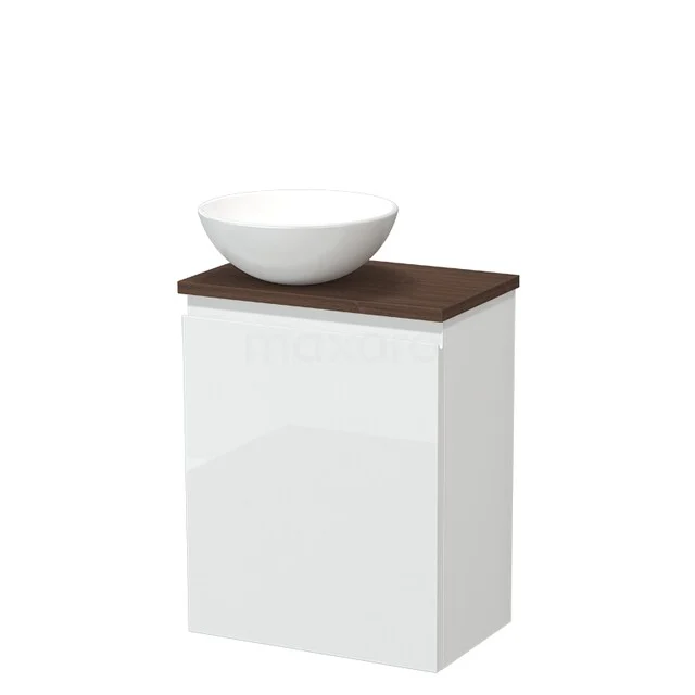 Toilet furniture with countertop wash basins TMK10-17408 Wit badkamermeubel met houten top en ronde witte waskom, modern design ideaal voor compacte ruimtes.