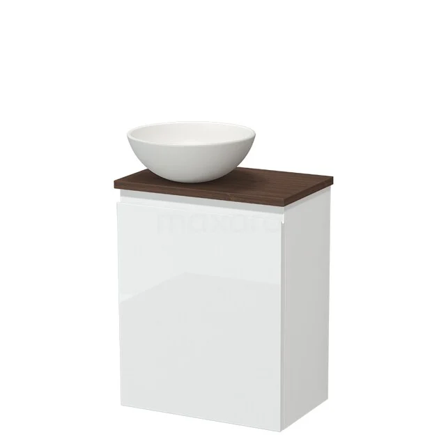 Toilet furniture with countertop wash basins TMK10-17411 Wit badkamermeubel met houten blad en ronde keramische waskom, moderne uitstraling voor stijlvolle badkamerinrichting.