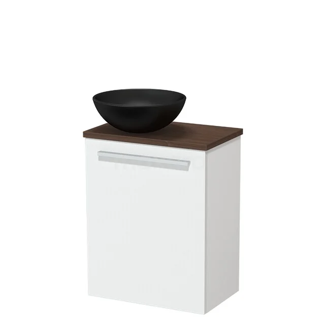 Wit badkamermeubel met donkerhouten blad en zwarte waskom, modern design, perfect voor een stijlvolle badkamerinrichting.