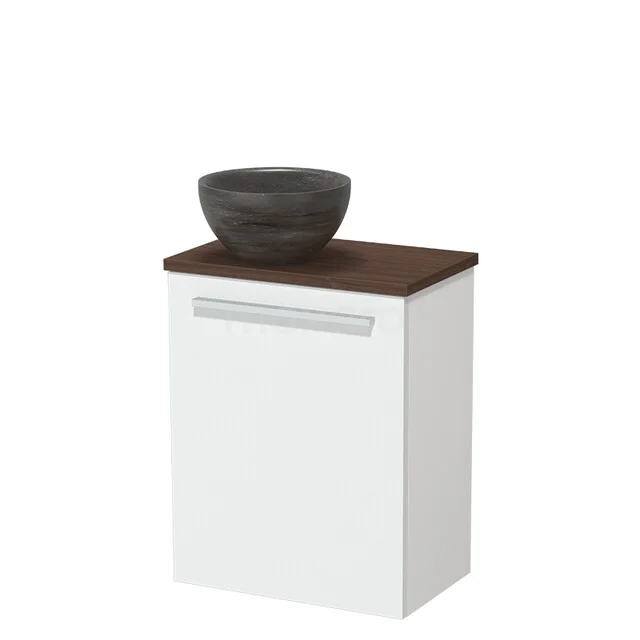 Toilet furniture with countertop wash basins TMK10-17432 Wit badkamerkastje met houten blad en grijze komvormige wasbak, modern design, ideaal voor compacte badkamers.