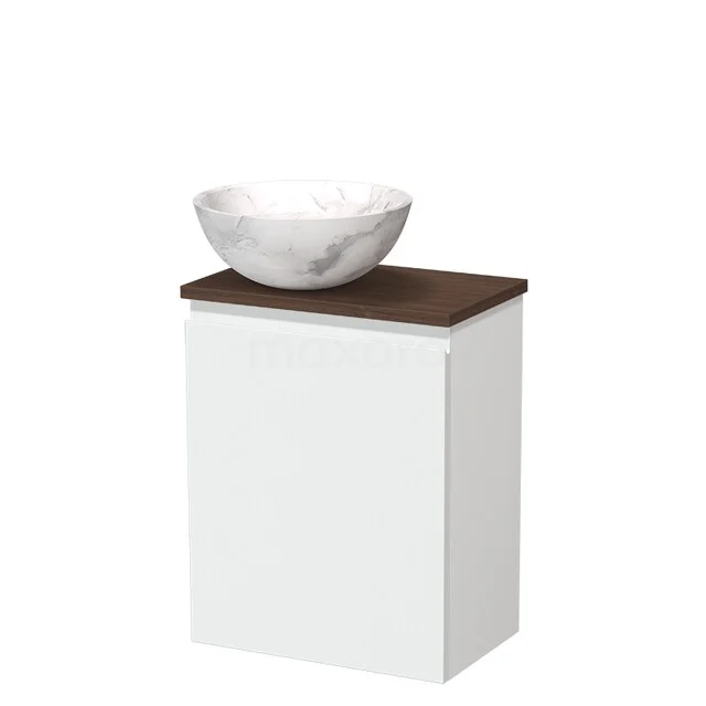 White bathroom furniture with a wood-look top and marble wash basin, modern design, ideal for practical and stylish bathrooms.