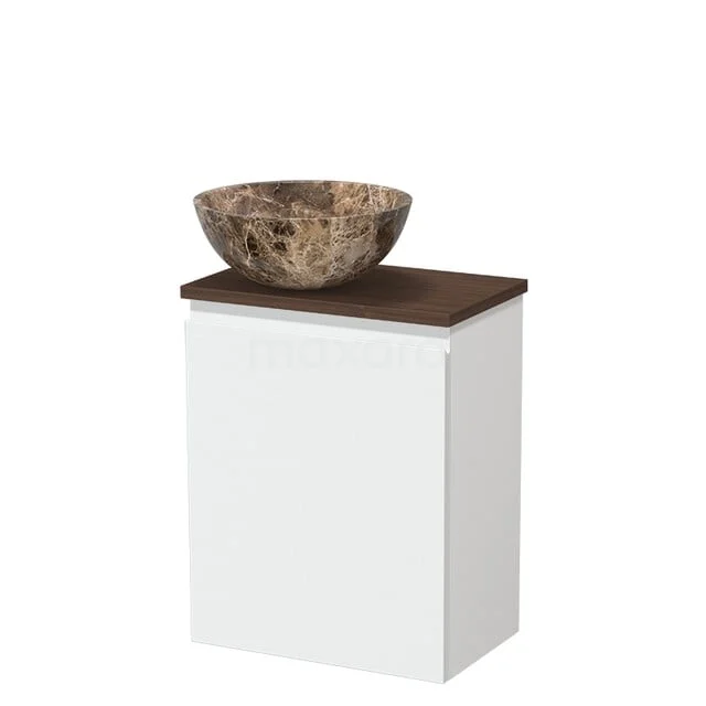 Toilet furniture with countertop wash basins TMK10-17443 Wit badkamermeubel met houtlook bovenblad en natuurstenen waskom, ideaal voor een moderne badkamerstijl.