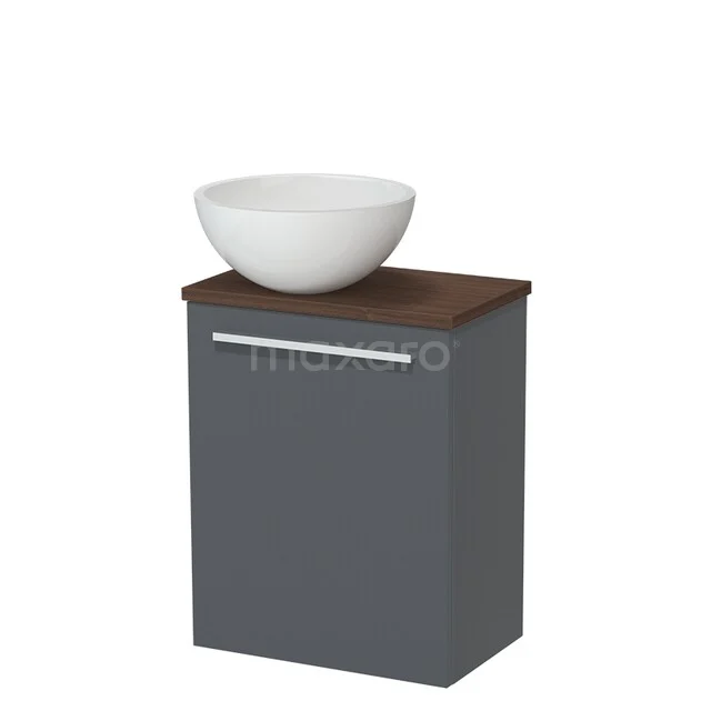 Dark grey bathroom cabinet with wooden top and round white washbasin, sleek design for modern bathrooms.