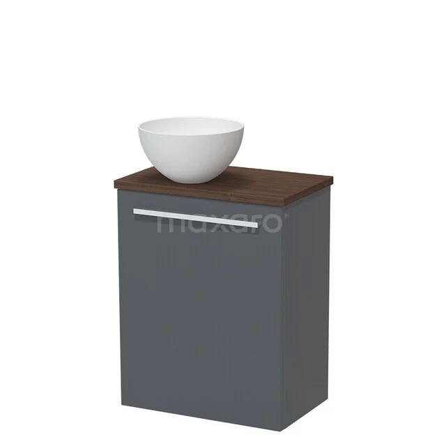 Grauer Badschrank mit Holzplatte und weißem schalenförmigen Waschbecken, modernes Design, ideal für jedes stilvolle Badezimmer.