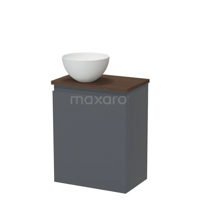 Toiletmeubel met waskom TMK10-17479 Grijs houten badkamerkastje met witte keramische waskom, donkerhouten blad en strak, modern design.