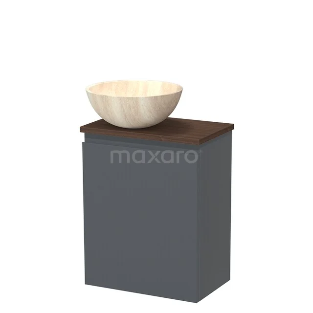 Grijze badkamermeubelset met houten blad en crèmekleurige waskom, modern design, ideaal voor een stijlvolle badkamer.