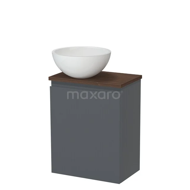 Grijze badkamerkast met houten blad, ronde witte waskom; stijlvol en compact design voor moderne badkamers.