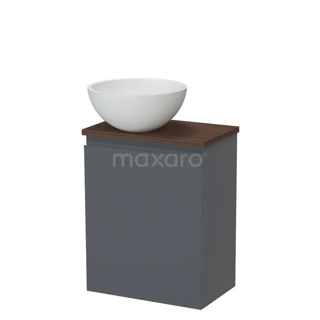 Toilet furniture with countertop wash basins TMK10-17491 Grijze badkamerkast met houten blad en witte waskom, compact design, ideaal voor een moderne badkamer.