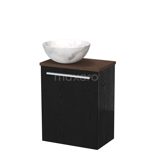 Toiletmeubel met waskom TMK10-17545 Zwart badmeubel met houten blad en witte marmeren waskom, modern design voor een stijlvolle badkamer.