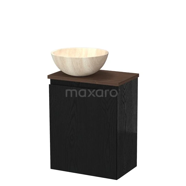 WC-Möbel mit Aufsatzwaschbecken TMK10-17559 Schwarz Badmöbel mit Matt Schwarz Oberfläche, Holz Platte und einem runden, beigen Natursteine Aufsatzwaschbecken.