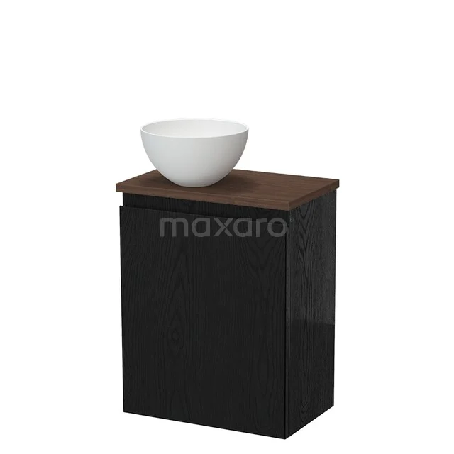 Schwarz Badmöbel mit Holz Platte und weißen Aufsatzwaschbecken, kompakt und modernes Design, ideal für kleine Bäder.