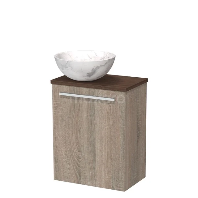 Modulo Pico Toiletmeubel met waskom | 41 cm Eiken Vlak front Natuursteen waskom TMK10-17584 Houten badkamerkast met marmeren wastafel, eiken look, metalen handgreep, compact ontwerp voor moderne badkamerinrichting.