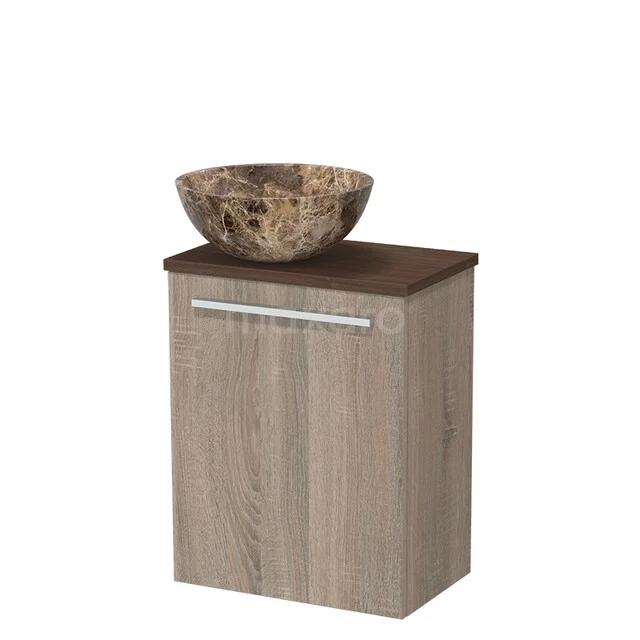 Modulo Pico Toiletmeubel met waskom | 41 cm Eiken Vlak front Natuursteen waskom TMK10-17586 Houten badkamermeubel met wastafel in natuursteenlook, voorzien van een metalen handgreep en een moderne minimalistische stijl.