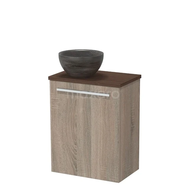 Badkamerkast houtlook met donkerbruin blad en grijze waskom, compact design ideaal voor stijlvolle badkameropslag.