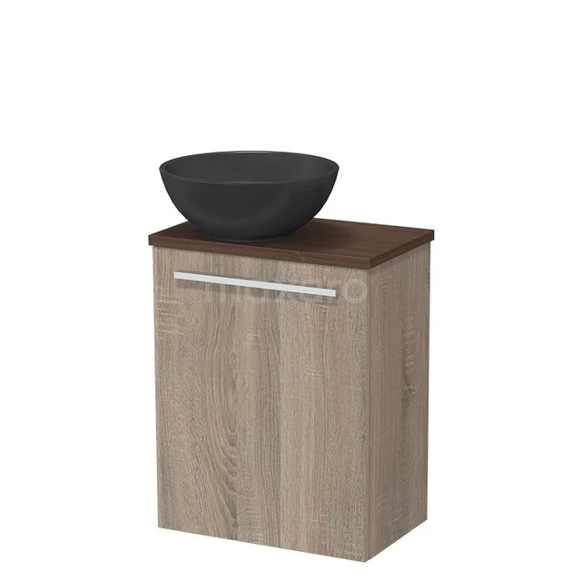 Modulo Pico Toiletmeubel met waskom | 41 cm Eiken Vlak front Quartz waskom TMK10-17589 Houten badkamerkast met een donkergrijze waskom, strak design en mat zilveren handgreep, ideaal voor moderne badkamers.