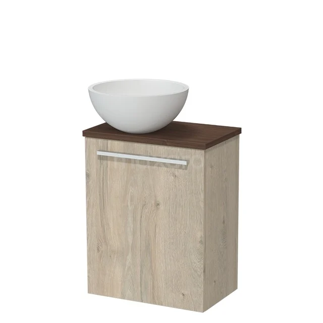 Toilet furniture with countertop wash basins TMK10-17621 Wastafelmeubel natuurhout met witte kom, donker houten blad en zilverkleurige greep, compact ontwerp voor de moderne badkamer.