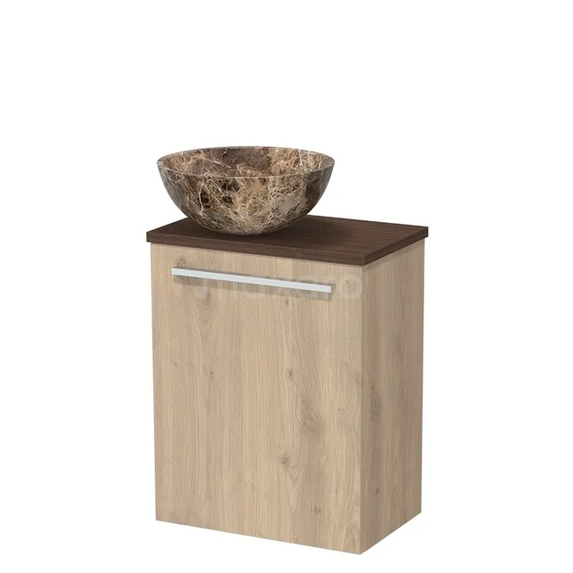 Toilet furniture with countertop wash basins TMK10-17664 Houten badkamermeubel met lade, donker bovenblad en natuurstenen waskom; perfect voor stijlvolle badkamerruimtes.