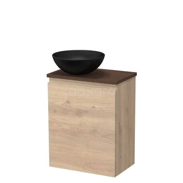 WC-Möbel mit Aufsatzwaschbecken TMK10-17670 Holz Badezimmermöbel mit Wandregal, dunkelbraune Platte und schwarzem Keramik Aufsatzwaschbecken, modernes und kompaktes Design.