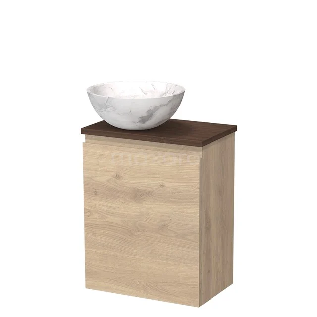 Toilet furniture with countertop wash basins TMK10-17675 Houten badkamermeubel met witte marmeren waskom en donkerhouten blad, compact ontwerp voor moderne badkamerstijl.