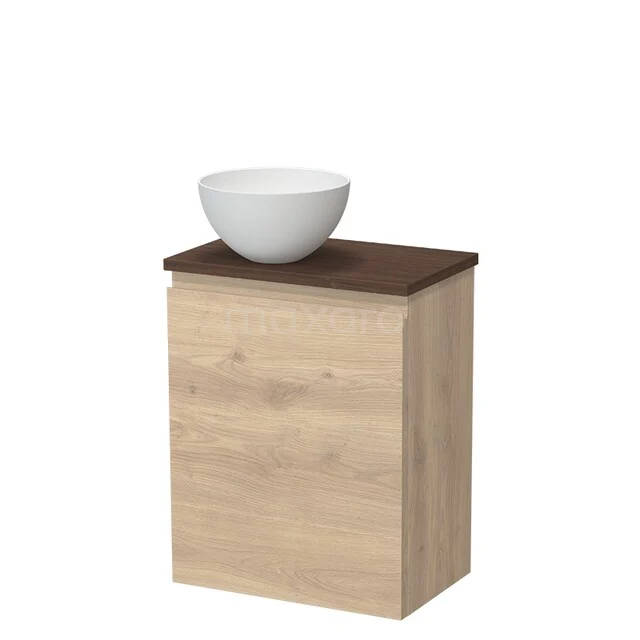Modulo Pico Toiletmeubel met waskom | 41 cm Lichtbruin eiken Greeploos front Solid surface waskom TMK10-17687 Houten badkamermeubel met wastafel, licht eiken kast en donkerbruine bovenkant, perfect voor een moderne badkamerstijl.