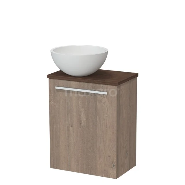 Toiletmeubel met waskom TMK10-17699 Houten badkamerkast met bovenblad en witte keramische waskom, modern design en compacte vorm, ideaal voor kleine badkamers.