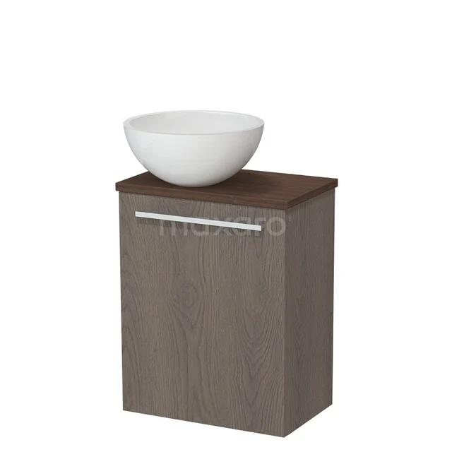 Toilet furniture with countertop wash basins TMK10-17737 Wastafelonderkast houtlook met witte komvormige wasbak, modern badkamermeubel met lade en strak design.