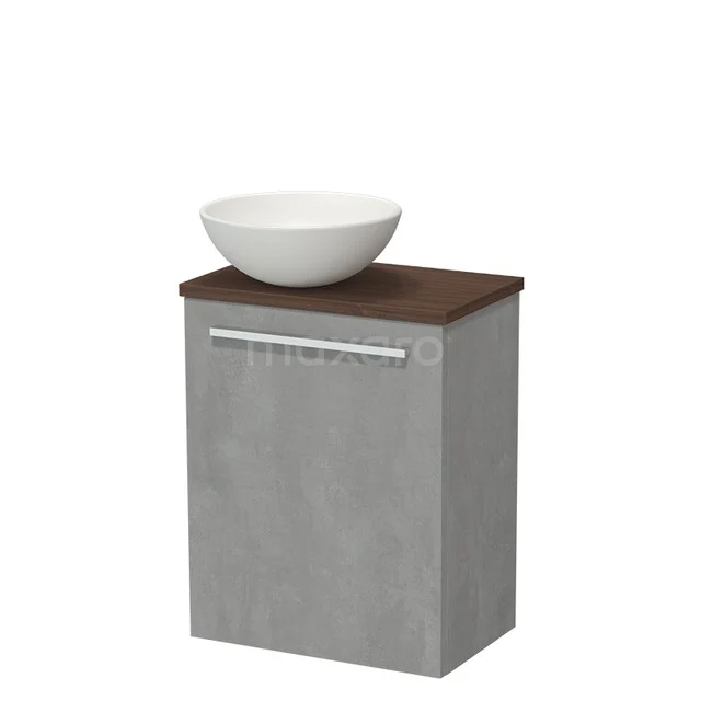 Toilet furniture with countertop wash basins TMK10-17775 Grijs badkamermeubel met betonlook, een houten blad en ronde waskom, ideaal voor een moderne badkamerstijl.