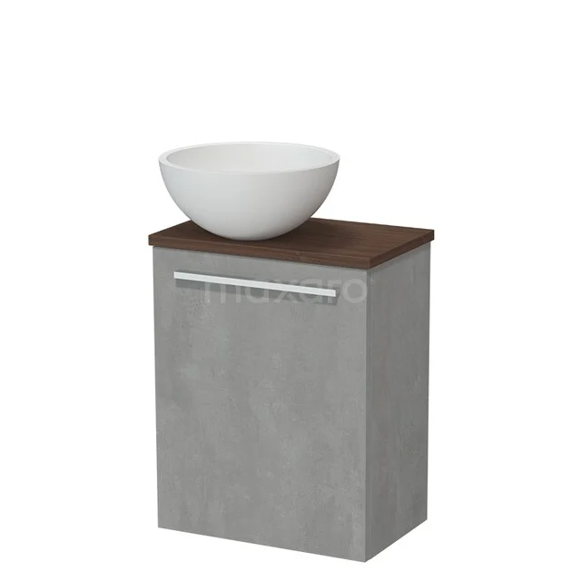 Grijze badkamerkast met houten blad, witte waskom en moderne handgreep; stijlvol en compact design voor elke badkamer.