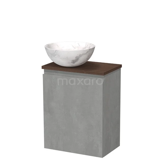 Modulo Pico Toiletmeubel met waskom | 41 cm Lichtgrijs beton Greeploos front Natuursteen waskom TMK10-17792 Compact betonnen badkamermeubel met houtlook blad en ronde marmeren waskom, ideaal voor moderne badkamerinrichting.