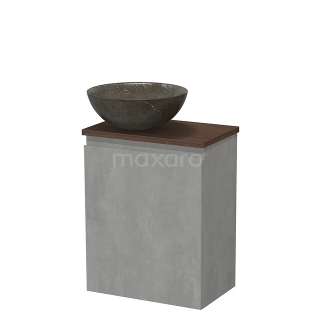 Toilet furniture with countertop wash basins TMK10-17795 Grijze badkamerkast met houten top, inclusief ronde natuurstenen waskom, ideaal voor een moderne badkamerstijl.