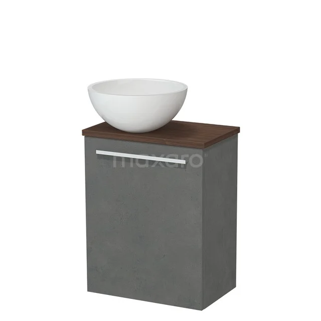 Badschrank Grau Betonlook mit Holzplatte und weißem keramischen Aufsatzwaschbecken, modernes Design.