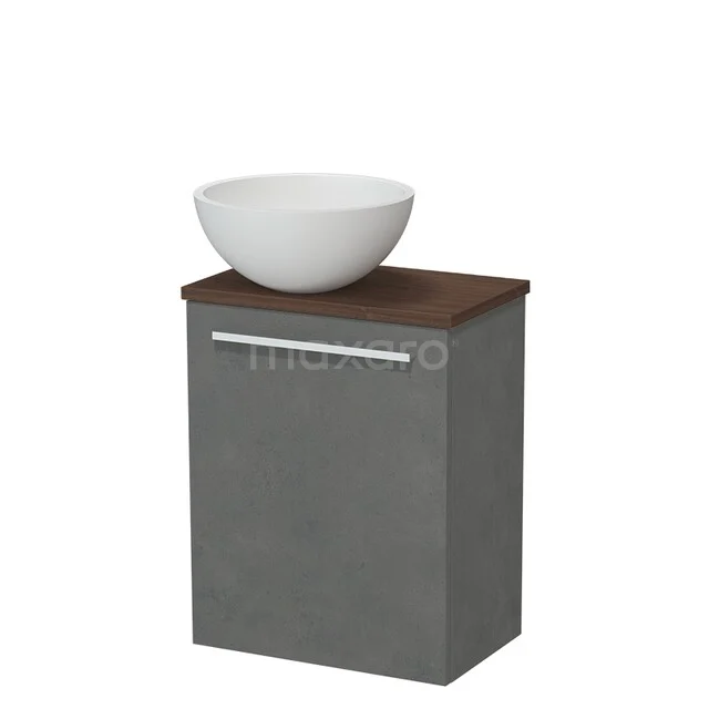 Toilet furniture with countertop wash basins TMK10-17816 Grijze badkamerkast met houten blad, witte keramische waskom, modern design, geschikt voor een stijlvolle badkamer inrichting.