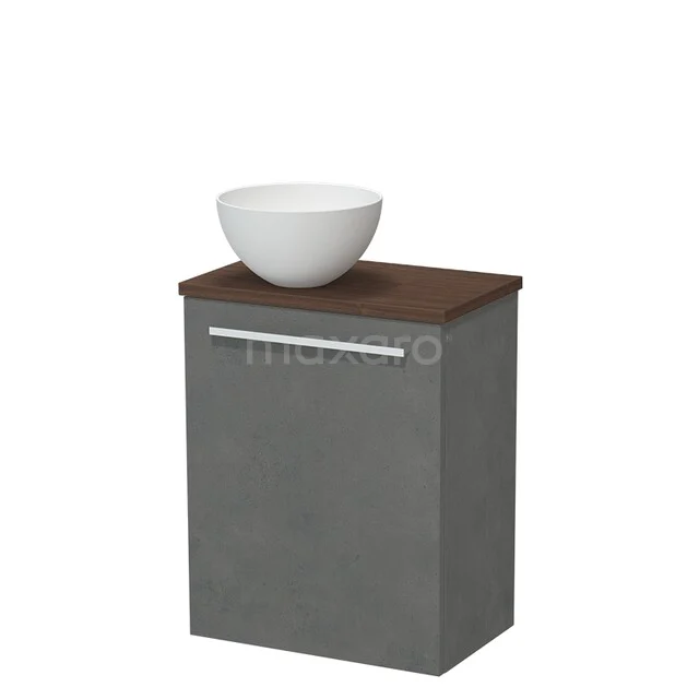 Toiletmeubel met waskom TMK10-17817 Grijze badkamerkast met houtlook blad, witte ronde wastafel en metalen handgreep, ideaal voor moderne badkameropslag.