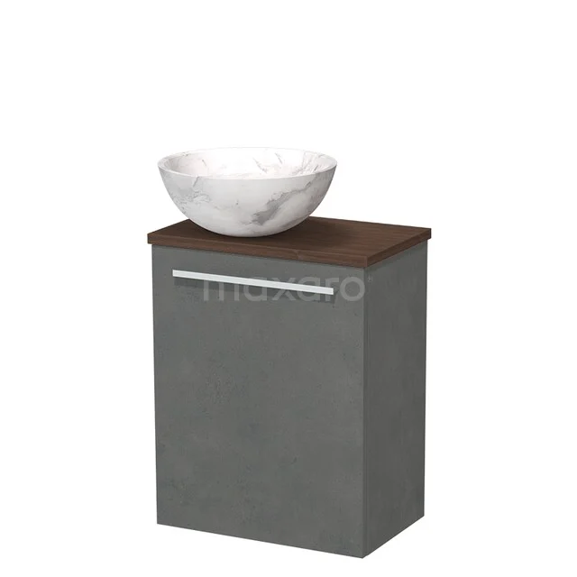 Toilet furniture with countertop wash basins TMK10-17818 Grijze badkamerkast met houtlook bovenblad en witte, marmeren waskom; stijlvol en compact ontwerp voor moderne badkamers.