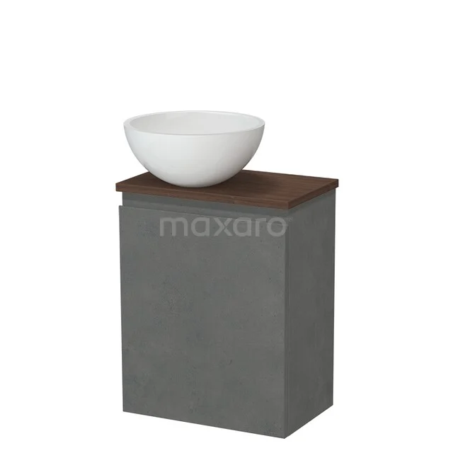 Grijze badkamermeubel met houten blad en witte ronde waskom; modern design, ideaal voor een stijlvolle badkamer.