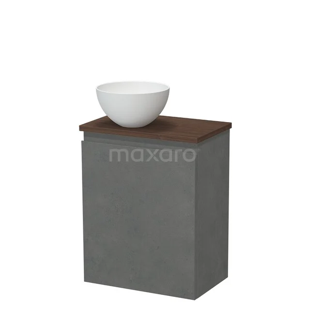 Grey bathroom cabinet with wooden shelf and white countertop basin, compact design ideal for modern bathrooms.
