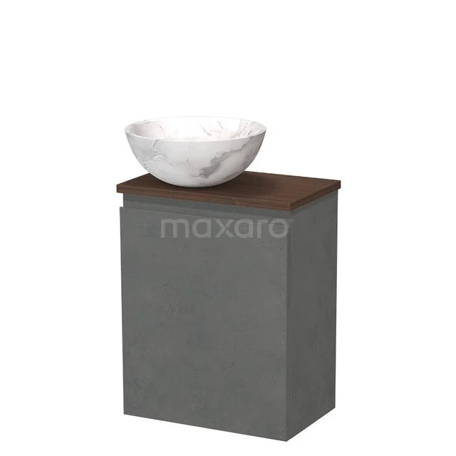 Modulo Pico Toiletmeubel met waskom | 41 cm Donkergrijs beton Greeploos front Natuursteen waskom TMK10-17844 Grijze badkameronderkast met houtlook blad en witte marmeren waskom, strak en modern design voor iedere badkamerstijl.