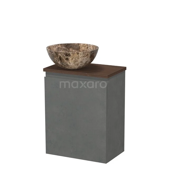 Grau Waschtisch mit Holzlook Platte und Natursteine Schüssel, ideal für eine stilvolle und moderne Badezimmergestaltung.