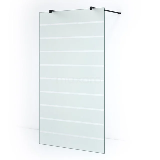 Shower screen with horizontal lines, clear glass and chrome mounting, perfect for a modern bathroom style.
