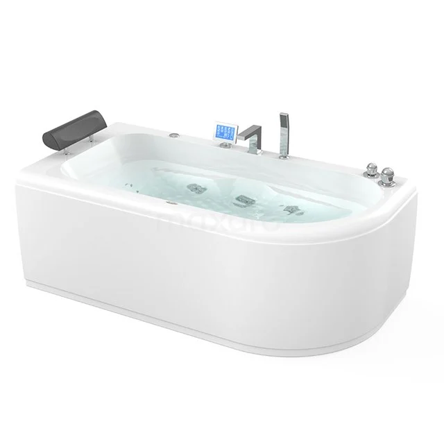 Weißes Eckbadewanne mit Hydromassage, schwarzer Kopfstütze und modernen Chromarmaturen, ideal für luxuriöse Entspannung im Badezimmer.