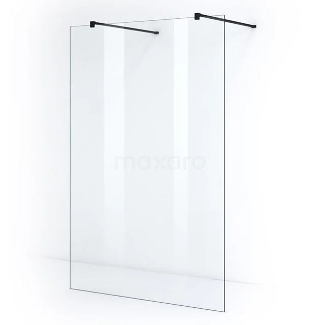 Walk-in shower enclosure clear glass with black profiles, minimalist design, ideal for a modern bathroom.