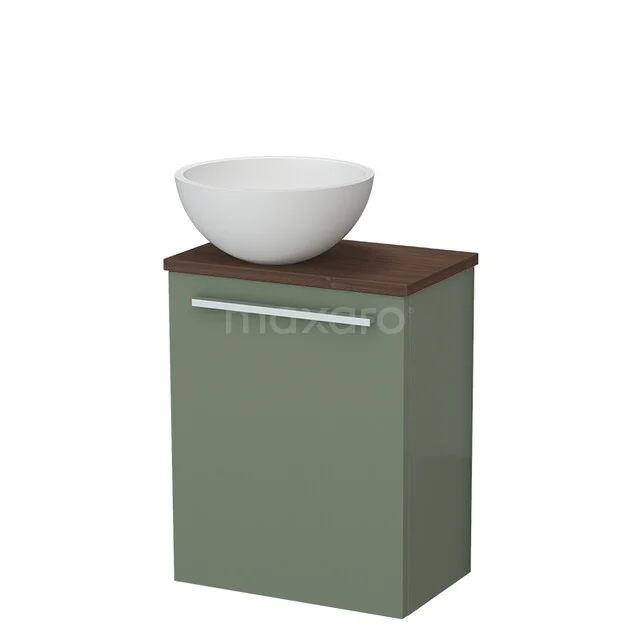 Toiletmeubel met waskom TMK10-17504 Groene badkamerkast met houten blad en ronde witte waskom, compact ontwerp ideaal voor moderne badkamers.
