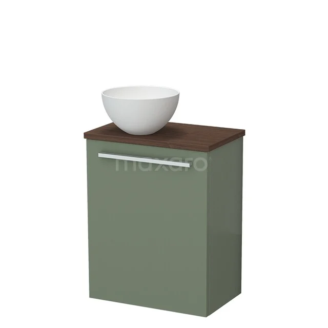 Modulo Pico Toiletmeubel met waskom | 41 cm Saliegroen Vlak front Solid surface waskom TMK10-17505 Groen badkamerkastje met houten blad en witte komvormige wasbak, compact ontwerp, ideaal voor een moderne badkamer.